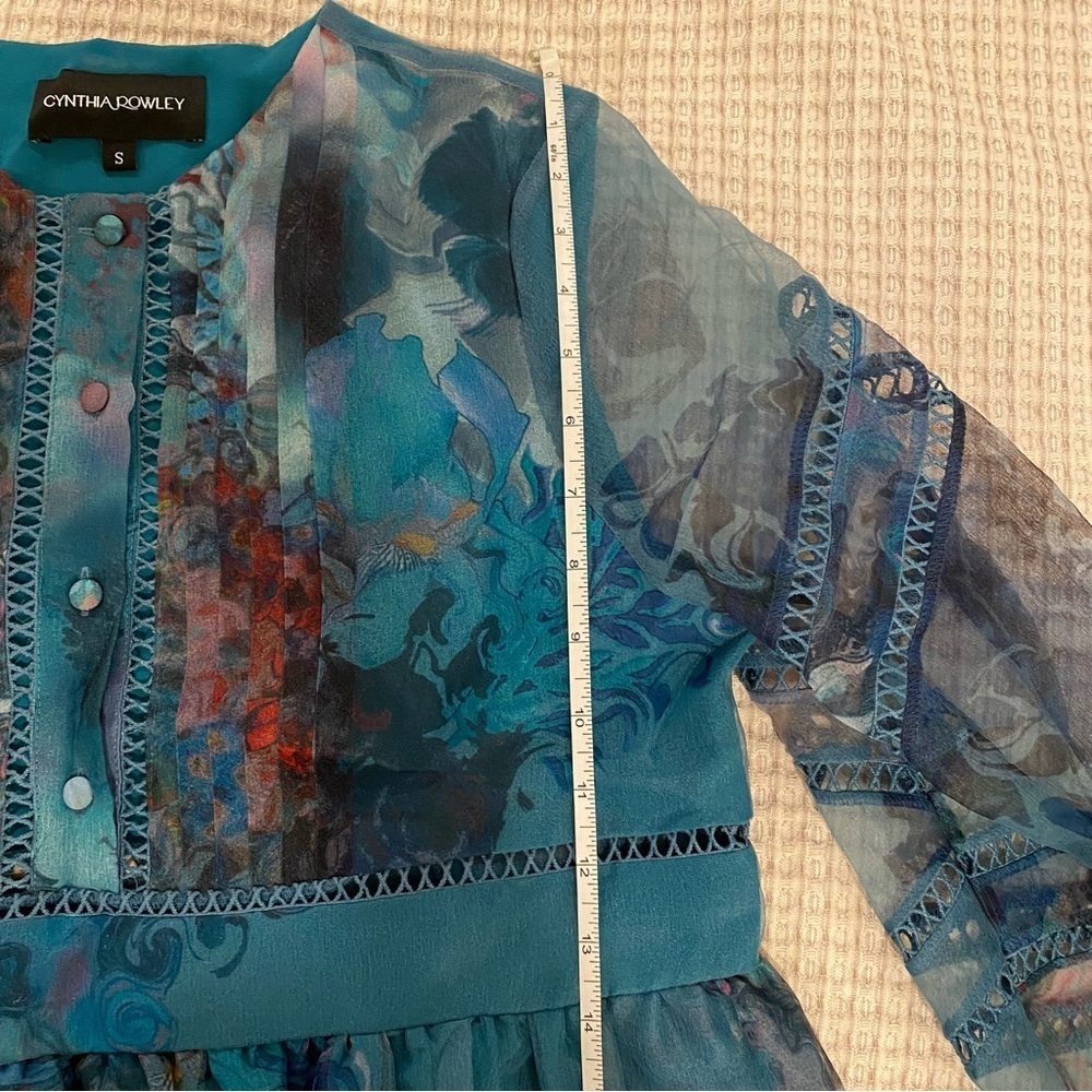Cynthia Rowley Watercolor Hourglass Dress S Turquoise Organza Lace Mini Dress - Picture 16 of 16